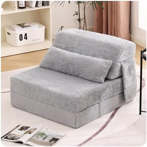 Tiita Convertible Folding Sofa Bed Single Size for Adults with Pillow, Plush Fabric Floor Mattress Couch Bed, Washable Cover & Side Pocket, Guest Room, Dorm, Apartment, Living Room, White Gray