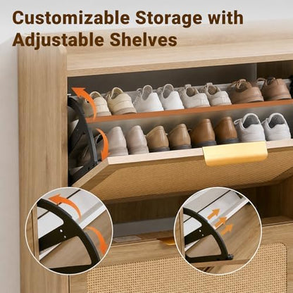 Shoe Cabinet, Rattan Shoe Storage Cabinet for Entryway with Flip Drawers