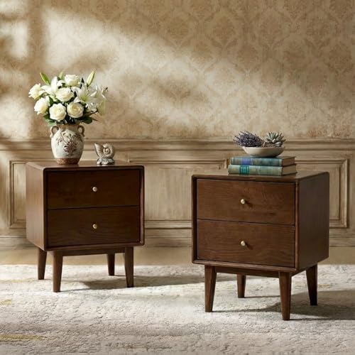 100% Solid Oak Wood Night Stand Set 2, Walnut Nightstand with 2 Drawers, Mid Century Modern Nightstands, Small Bedside Table for Bedroom(19.69" H)