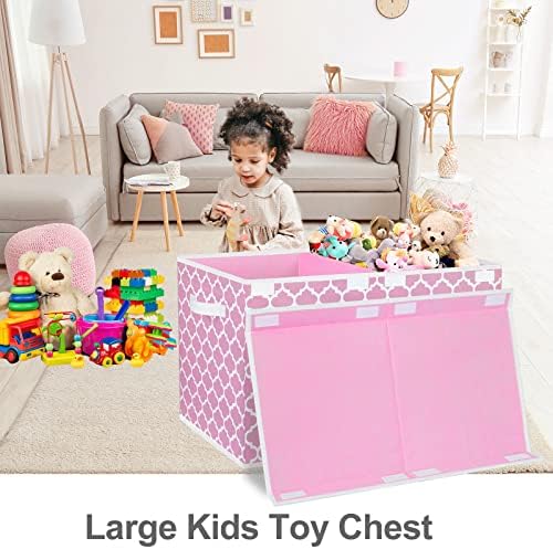 Toy Box for Girls, Kids - Large Toy Chest Organizers and Storage Boxes with Flip-Top Lid & Divider, Collapsible Container Bins for Playroom, Nursery, Closet, Living Room, 24.5"x13"x16", Pink