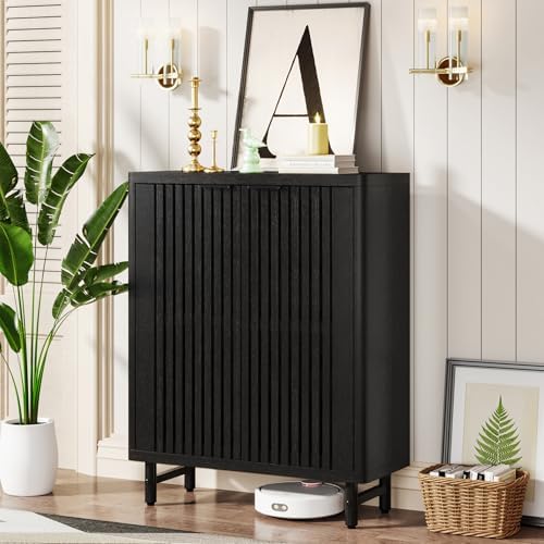 Tribesigns 6-Tier Shoe Cabinet with Shutter Doors, Large Wooden Shoe Organizer Rack with Adjustable Shelves, Modern Farmhouse Hidden Storage Furniture for Entryway, Hallway (Black)