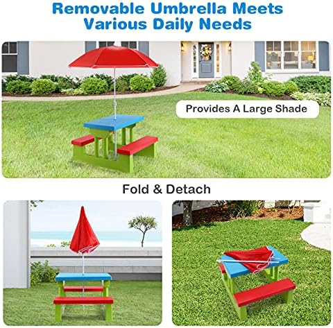 Costzon Kids Picnic Table, Indoor & Outdoor Plastic Table and Bench with Removable Umbrella, Portable Toddler Picnic Table and Chair Set for Garden, Backyard, Patio