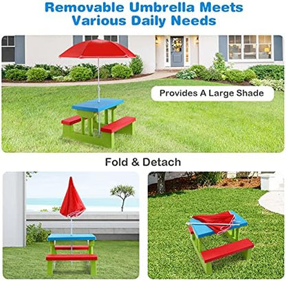 Costzon Kids Picnic Table, Indoor & Outdoor Plastic Table and Bench with Removable Umbrella, Portable Toddler Picnic Table and Chair Set for Garden, Backyard, Patio