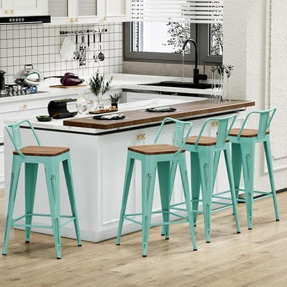 26" Barstools Set of 4 Counter Height Bar Stools Side Chair-Distressed Blue