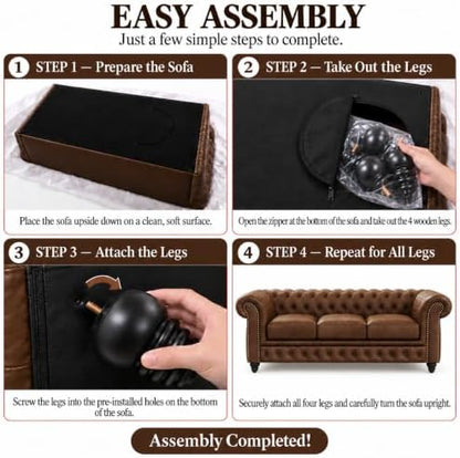 Valencia Parma Chesterfield 3 Seater Sofa 82" | Full Leather | Mid-Century Leather Couch with Classic Button Tufted Back, Wood Legs for Living Room, Chocolate