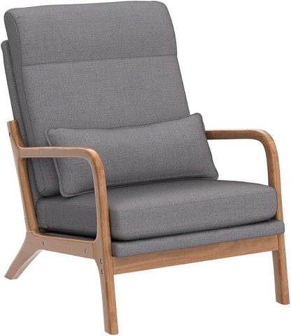 Karl home Accent Chair High Back Mid-Century Modern, Gray | Linen Fabric Upholstered, Walnut Color Solid Rubber Wood Frame, Soft Cushion with Pillow, For Living Room, Bedroom, Balcony