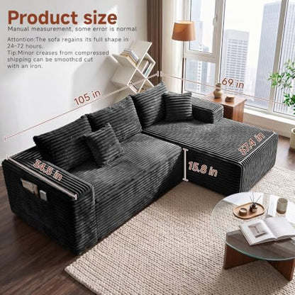 Couch ≈105inch,L-Shaped Sofa,Boneless Couch,with Chaise (Black)