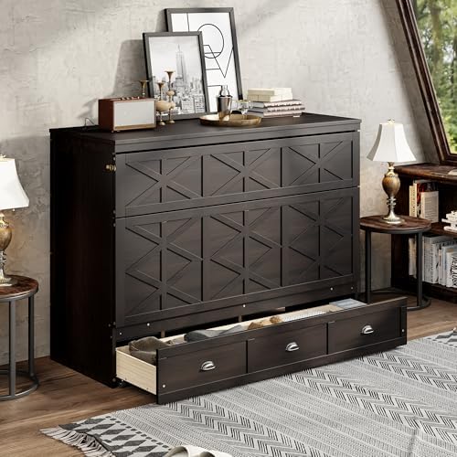 Merax Brushed Espresso Queen Size Murphy Bed with Large Drawer and USB
