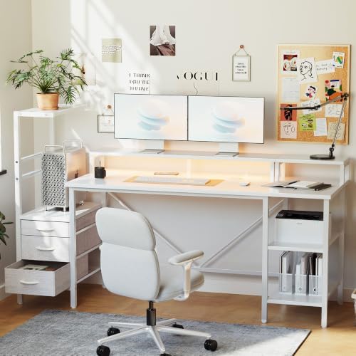 60" Reversible Gaming Desk with Drawers & Shelve, Large Computer Desk,White