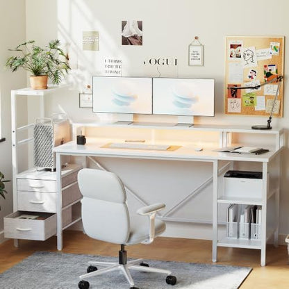 60" Reversible Gaming Desk with Drawers & Shelve, Large Computer Desk,White