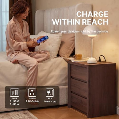 Amada 3 Drawer Nightstand with Charging Station, Modern Mid-Century Walnut