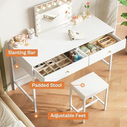 SUPERJARE 43-inch White Desk with 2 Drawers and Padded Stool