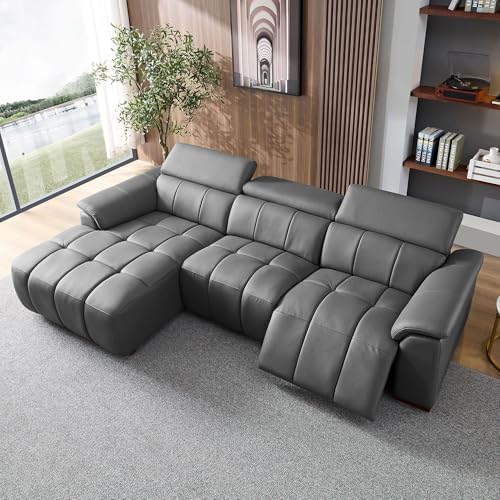 KEIKI 113" L-Shaped Genuine Leather Wall-Hugger Reclining Sofa with Left Chaise, Adjustable Backrest & Footrest, Modern Electric Control 3-Seater Couch with USB, for Living Room, Dark Grey