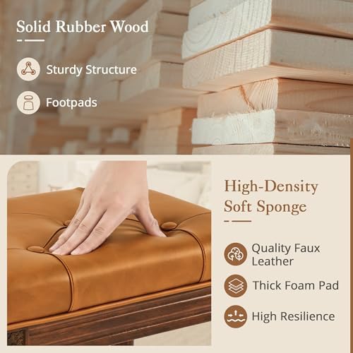 LUE BONA Upholstered Fabric Vanity Bench Seat, Makeup Stools for Vanity, Square Tufted Ottoman Bench with Carved Dark Brown Color Legs for Bedroom Living Room, Whiskey Brown