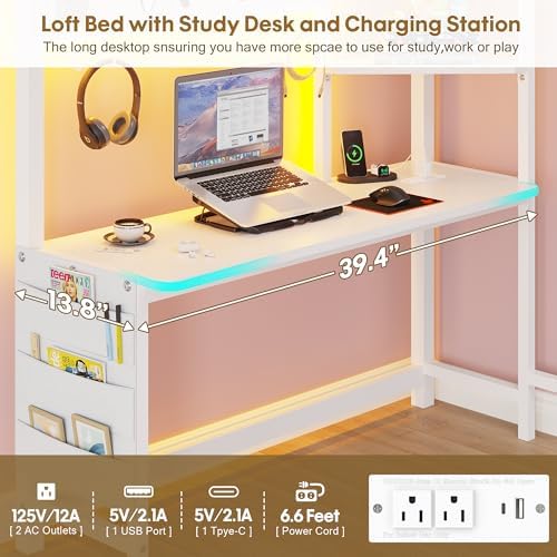 Twin Loft Bed with Desk and 6 Storage Drawers, Loft Bed Twin Size