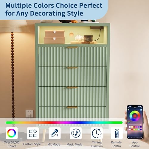 28"W 4 Drawers Dresser for Bedroom with LED and Charging Station, Green