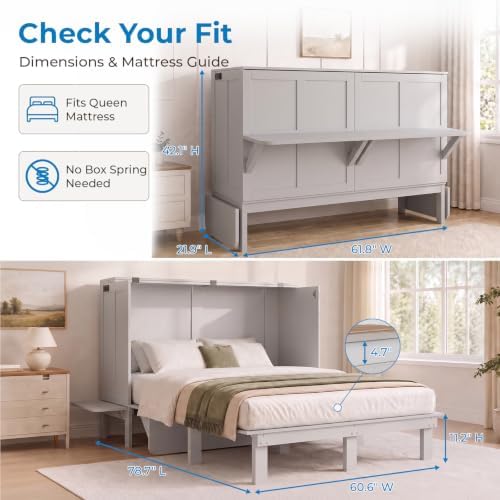 Mjkone Queen Murphy Bed with Desk and Mattress, Light Grey