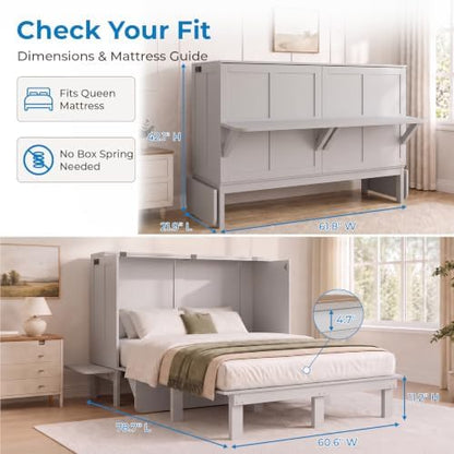Mjkone Queen Murphy Bed with Desk and Mattress, Light Grey