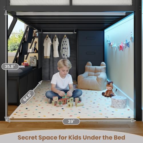 MSmask Low Loft Bed Twin with 7 Storage Drawers & Reading Nook, Black