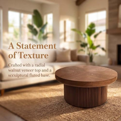33.5" Round Wood Coffee Table with Cylindrical Base & Thickened Tabletop