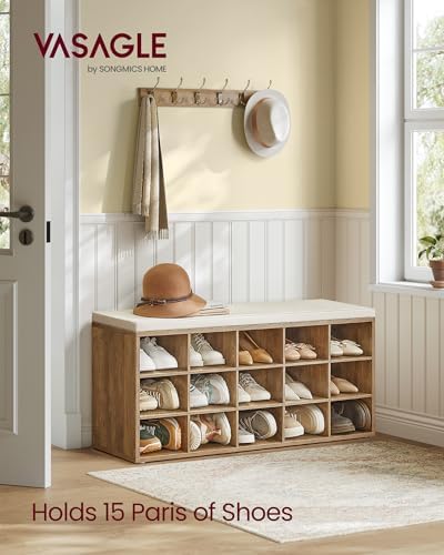 VASAGLE Shoe Bench with Cushion, 15 Compartments, 11.8 x 41.3 x 18.9 Inches