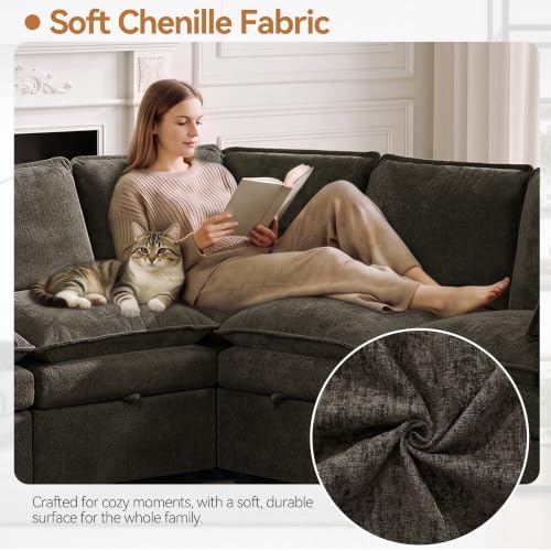 Modular Sectional Storage Sofa, 105" Cloud Deep Seat V-Shaped Couch, Brown