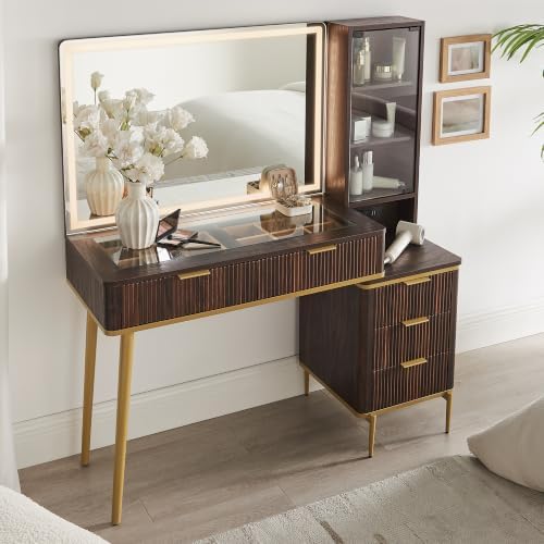 T4TREAM Fluted Makeup Vanity Desk with 36" HD Lighted Mirror, 48" Big Modern Vanity Desk with Mirror and Lights, Dressing Table with 5 Drawers & Shelves, Glass Top for Bedroom, Dark Walnut