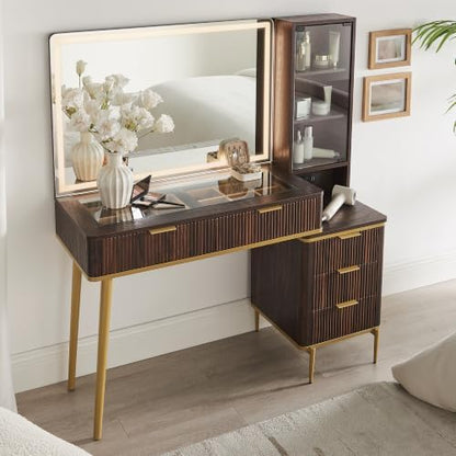 T4TREAM Fluted Makeup Vanity Desk with 36" HD Lighted Mirror, 48" Big Modern Vanity Desk with Mirror and Lights, Dressing Table with 5 Drawers & Shelves, Glass Top for Bedroom, Dark Walnut