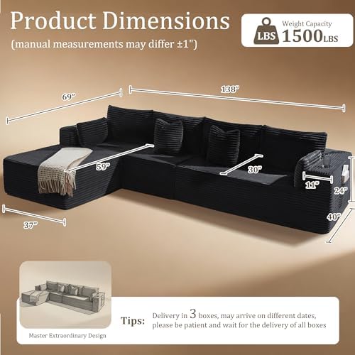 138" Cloud Sectional Couch, Comfort L Shaped Boneless Couch for Living Room, Extra Deep Seats No Assembly, Minimalist Modular Sofa, Corduroy (Black, 3 Seater+Right Facing Chaise)