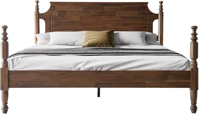 Solid Wood Queen Size Platform Bed Frame with Headboard & Footboard, Central Metal Legs, 12 Durable Slats Base, Anti-Slip & Noise-Free, Easy Assembly, No Box Spring Needed, Walnut Finish, ROQ-37