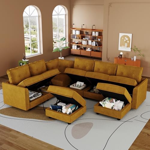 LLappuil Modular Storage Sectional Sofa with Ottoman, U Shaped 8-Seat Corduroy Couch with 7 Throw Pillows, Convertible Sofa Set for Living Room, Skin-Friendly & Soft, Scratch Resistant, Yellow