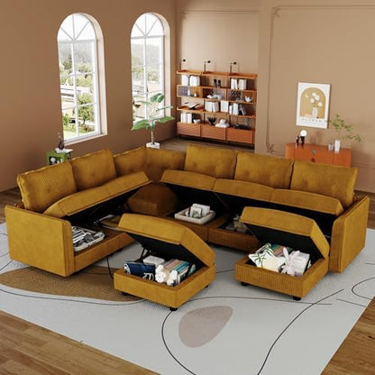 LLappuil Modular Storage Sectional Sofa with Ottoman, U Shaped 8-Seat Corduroy Couch with 7 Throw Pillows, Convertible Sofa Set for Living Room, Skin-Friendly & Soft, Scratch Resistant, Yellow