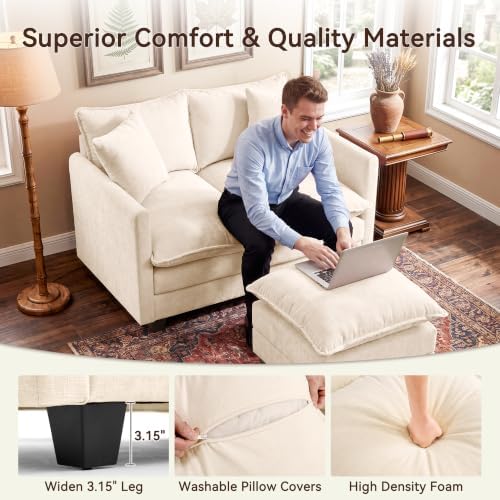 50" Loveseat Sofa with Ottoman, Cloud 2-Layer Cushion & 27" Deep Seat, Modern Love Seat Small Couch with 2 Washable Pillows for Small Spaces, Bedroom, Apartment, Office, Living Room, in a Box, Beige