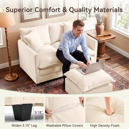 50" Loveseat Sofa with Ottoman, Cloud 2-Layer Cushion & 27" Deep Seat, Modern Love Seat Small Couch with 2 Washable Pillows for Small Spaces, Bedroom, Apartment, Office, Living Room, in a Box, Beige