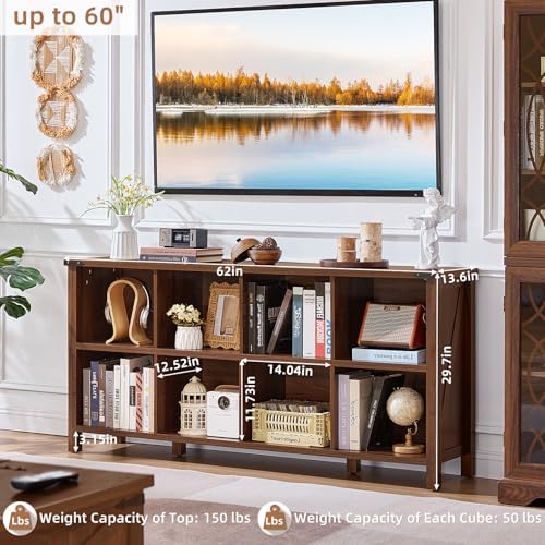 Joaxswe 8 Cube Book Shelf, Farmhouse Wood Long Storage Organizer Bookcase, 62" Horizontal Brown Walnut Console Closet Bookshelf, Hallway TV Stand for Entryway, Display Cabinet Book Case for Office