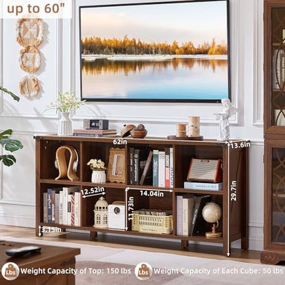 Joaxswe 8 Cube Book Shelf, Farmhouse Wood Long Storage Organizer Bookcase, 62" Horizontal Brown Walnut Console Closet Bookshelf, Hallway TV Stand for Entryway, Display Cabinet Book Case for Office
