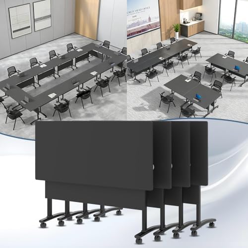 Conference Table, Folding Conference Room Tables with Wheels, Modular Flip Top Nesting Training Table, Modern Rolling Meeting Stackable Tables for Mobile Office Boardroom Classroom, Gray 4Pack