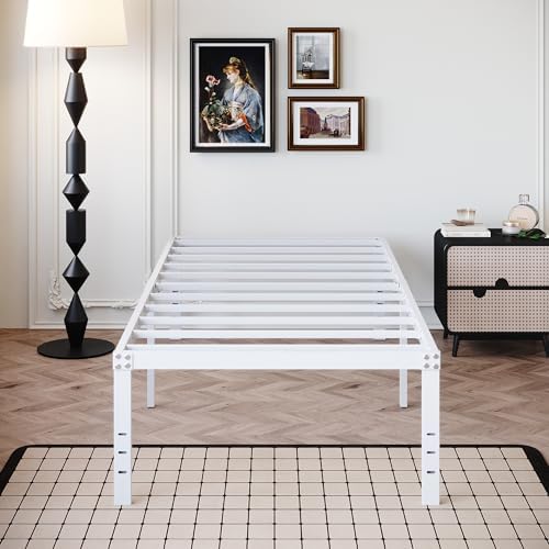DiaOutro 18 Inch White Twin Bed Frame Heavy Duty Metal Platform