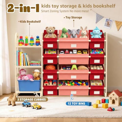 Storage Organizer with 12 Bins and Bookshelf, 47.4-Inch Wide Bookcase for Bedroom, Living Room, or Family Room