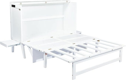 PVWIIK Queen Size Murphy Bed with Desk and Removable Shelves on Each Side,Solid Pine Cabinet Bedframe for Home Office, Guest Room,Multifunctional Bed,White