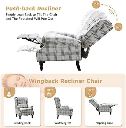 HULALA HOME Upholstered Wingback Recliner Chair Set of 2, Small Adjustable Footrest Push Back Single Reclining Sofa, Mid Century Modern Lounge Armchair for Living Room, Bedroom, Reading/Plaid Grey