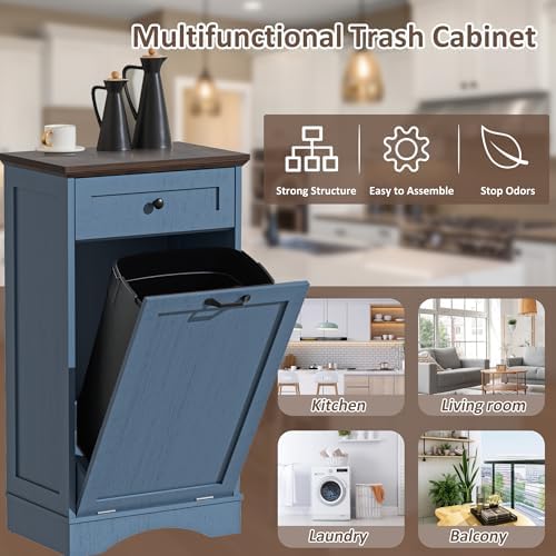 13 Gallons Tilt Out Trash Can Cabinet Freestanding Blue
