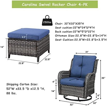 Rilyson Luxury 4 Pieces Patio Wicker Furniture Set, Outdoor Rattan Bistro Set with Rocking Swivel Chair, Ottoman and Thickened Cushions (Grey/Blue)