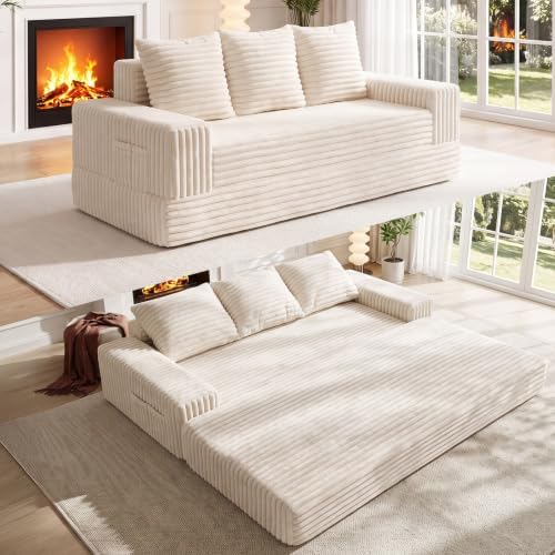 70" Convertible Sofa Bed, Corduroy Boneless Couch with Pocket