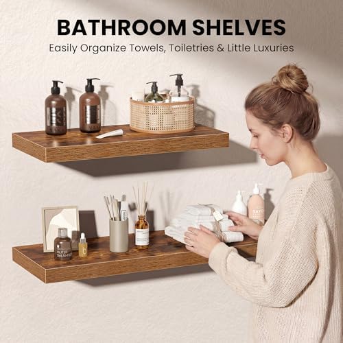 36 Inch Floating Shelves for Wall, 12 Inch Deep Shelves for Bedroom, Kitchen, Bathroom Wall Mounted, Rustic Wood Floating Shelf with Invisible Brackets for Books, Storage, Decor, Brown, 2 Pack