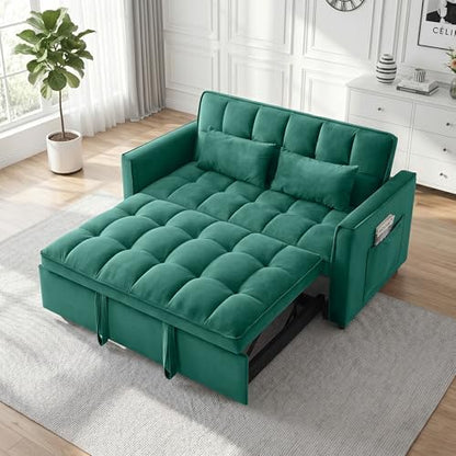 53" Sofa Bed, Velvet 3-in-1 Pull Out Couch & Loveseat Sleeper Sofa, Compact Convertible Folding Couch with Adjustable Backrest for Small Spaces (Green)