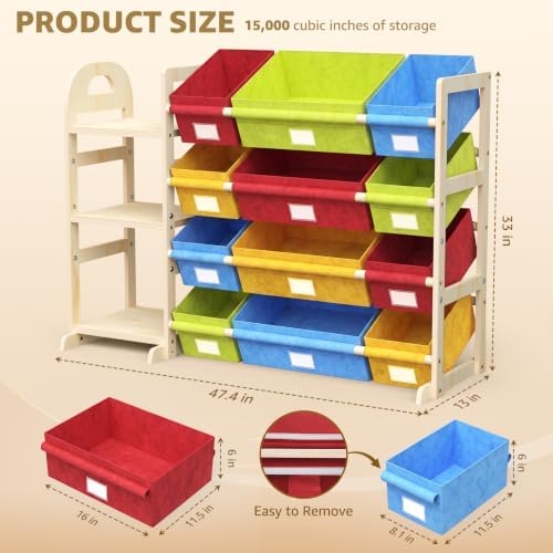 Storage Organizer with 12 Bins and Bookshelf, 47.4-Inch Wide Bookcase for Bedroom, Living Room, or Family Room