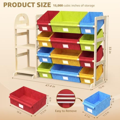 Storage Organizer with 12 Bins and Bookshelf, 47.4-Inch Wide Bookcase for Bedroom, Living Room, or Family Room