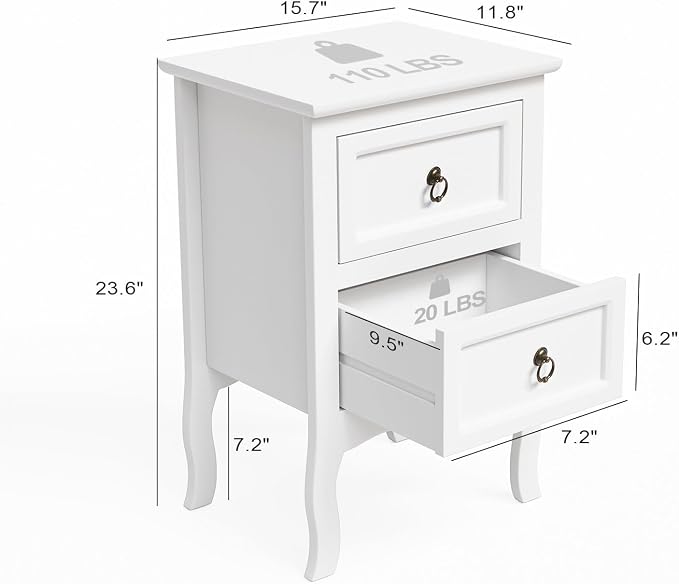 Bonnlo White Nightstand, Tool-Free Setup Night Stand, 2 Drawer Bedside Table for Bedroom, Easy & Quick Install Small Nightstands, Girls Nightstand for Bedroom, Side Table, End Table for Small Spaces