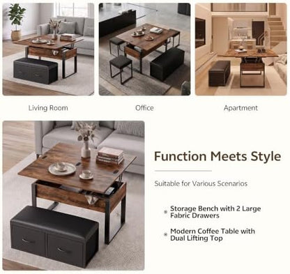 31.5'' Lift Top Coffee Table with Storage Bench, Rustic Brown